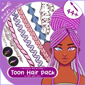 May include: A digital art brush set titled Toon Hair pack featuring 44+ hair style brushes. The image displays various illustrated hair textures including braids, twists, and bubble ponytails alongside a character with pink braided hair.