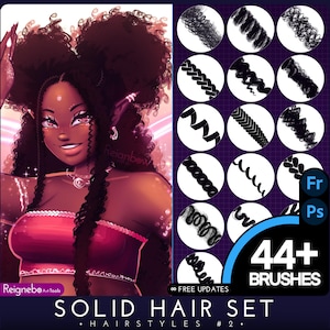 Photoshop Hair Brushes, Adobe Fresco - Solid Hair Style Bundle - Braids, Curls, Twists, Locs Drawing for Paintings, Comic, Anime, Manga