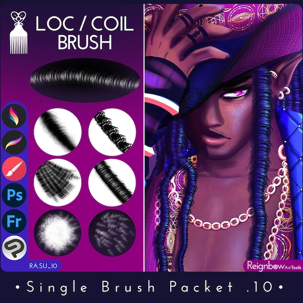 Single Packet: Hair Brush, Procreate Hair brush, Photoshop Hair brushes, Clip Studio Paint Hair brushes, Locs, Coils, Curly Hair brush