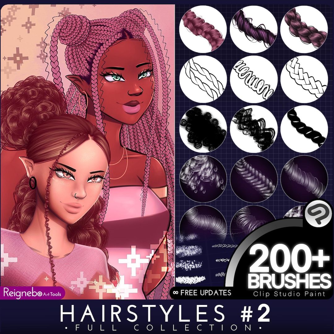 200 Clip Studio Paint Hair Brushes - Ultimate Mega Bundle - Braids ...