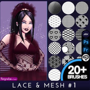 Könnte beinhalten: Digitale Kunstpinsel mit einer Frau in einem bordeauxfarbenen Kleid mit Spitze und Mesh-Details. Das Bild enthält eine Auswahl an schwarz-weißen Spitzen- und Mesh-Mustern sowie den Text "Lace & Mesh #1" und "20+ Brushes".
