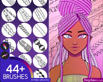 Procreate Hair Brushes - Outline Hairstyles Bundle - Braids, Curls, Twists, Dreads, Locs Drawing for Paintings, Comic, Anime, Manga, Cartoon