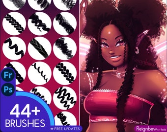 Photoshop Hair Brushes, Adobe Fresco - Solid Hair Style Bundle - Braids, Curls, Twists, Locs Drawing for Paintings, Comic, Anime, Manga