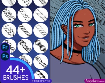 Photoshop Hair Brushes / Clip Studio Paint - Outline Hairstyle Bundle - Braids, Curls, Twist, Dreads, Locs Drawing for Comic, Anime, Cartoon