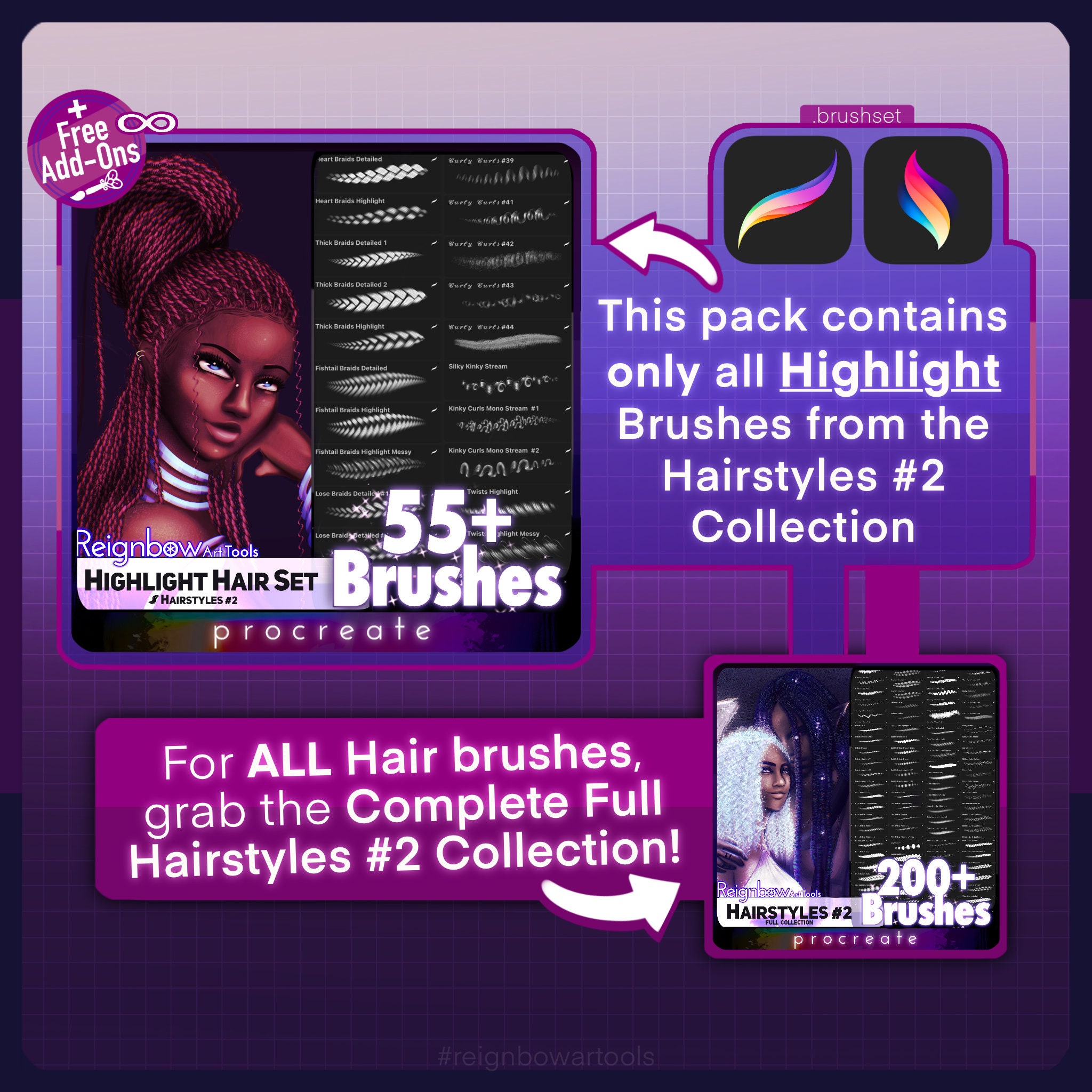 Procreate Hair Brushes Highlight Hairstyles Bundle Braids, Curls