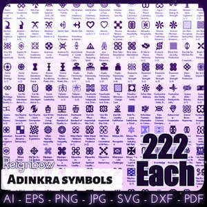 May include: A collection of 222 Adinkra symbols, each with a unique meaning, displayed in a grid. The image includes the text "ADINKRA SYMBOLS" and "222 EACH".
