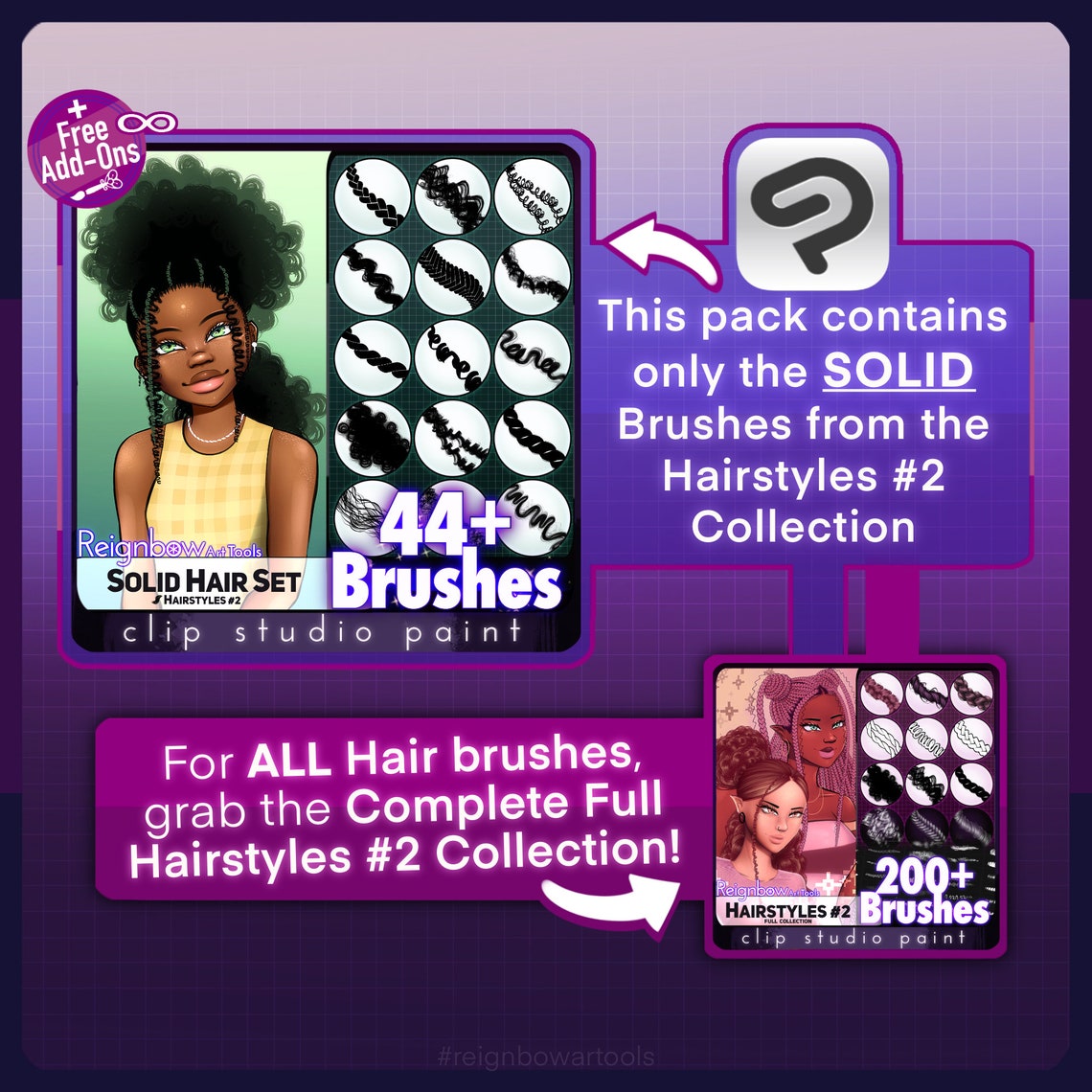 Clip Studio Paint Hair Brushes Premium Hair Styles Bundle Braid, Curls