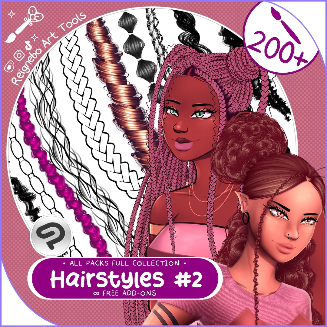 200 Clip Studio Paint Hair Brushes - Ultimate Mega Bundle - Braids ...