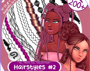 May include: A digital art brush set titled Hairstyle #2 featuring over 200 hair texture options. The image displays various illustrated hair strands, braids, and curls alongside two characters with detailed hairstyles, including pink braids and a brown bun.