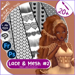 May include: A digital art asset collection titled Lace & Mesh #2 Heart Lace Collection, featuring black and white heart-patterned lace textures, a stylized illustration of a person with long brown hair, and icons for software compatibility.