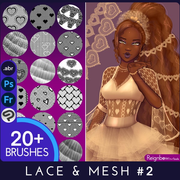 Photoshop Lace Brushes - Premium Seamless Lace Texture Bundle - Heart Lace, Fishnets, Mesh, Tulle Drawing for Paintings, Comic, Anime, Manga