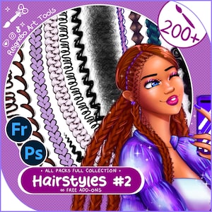 May include: A digital illustration of a person with long auburn braided hair wearing a purple jacket, set against a background of various hair texture brushes. Text includes "Reignebo Art Tools", "200+", "Fr", "Ps", and "Hairstyles #2".