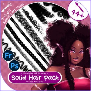 May include: A digital art brush set titled Solid Hair pack featuring 44+ hair texture brushes for Fr and Ps. The image displays various black hair stroke patterns including braids, curls, and waves alongside an illustration of a character.