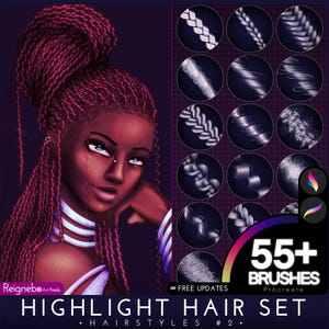 Procreate Haarbürsten - Highlight Frisuren Bundle - Zöpfe, Locken, Drehungen, Dreads, Loks Zeichnen für Gemälde, Anime, Manga, Cartoon
