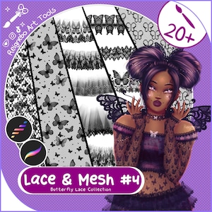 Pode incluir: Ferramentas de arte digital com padrões de renda e malha de borboleta. A imagem inclui uma ilustração estilizada de uma mulher com roupa com tema de borboleta, um ícone de pincel e o texto "Lace & Mesh #4 Butterfly Lace Collection".