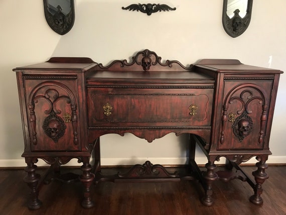 Antique Gothic Black Red Antique Buffet Skulls Wednesday Adams Vampire Credenza Goth Furniture Etsy