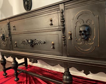 Gothic Black Skull Furniture Buffet Wednesday Adam’s Style Alchemy Cabinet Dining room Storage