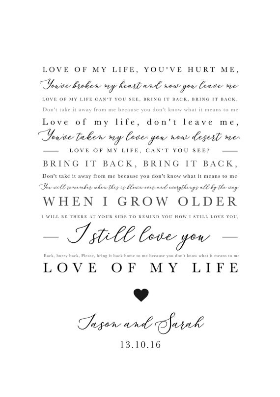 Love of My Life Queen Lyrics Print. Available in a Variety 