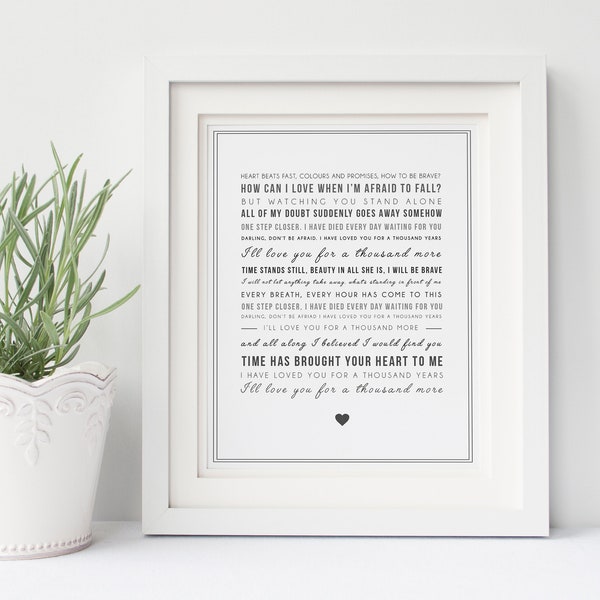 Digital Christina Perri 'A Thousand Years' Song Lyrics, Typographic Song Lyric Print -Gift for Music Lover - Idée cadeau Saint Valentin