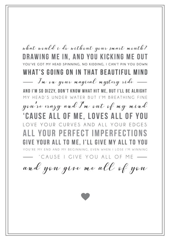 John Legend All Of Me LYRICS print. With your PERSONALISED -  Portugal