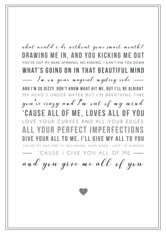 John Legend All Of Me LYRICS print. With your PERSONALISED -  Portugal