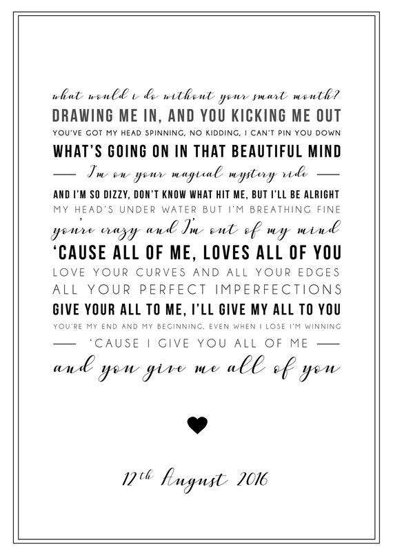 John Legend All Of Me LYRICS print. With your PERSONALISED - Portugal
