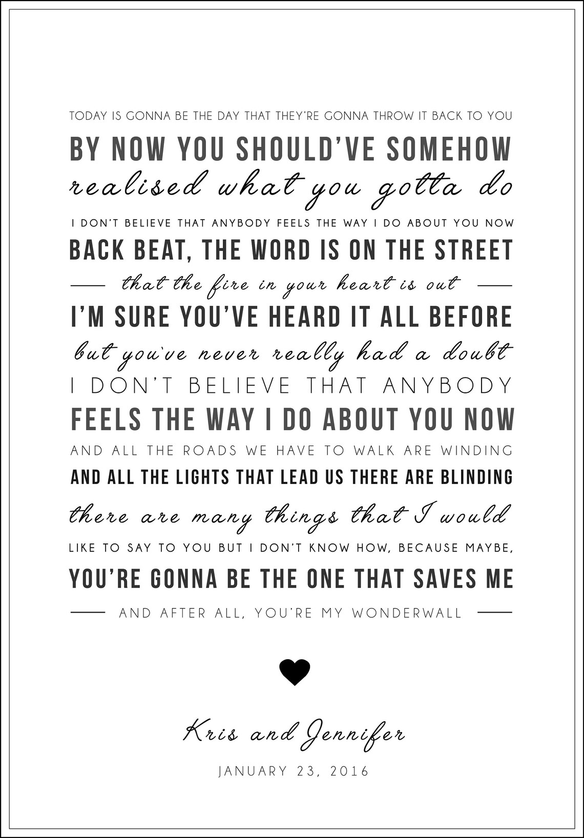 Oasis ‘Wonderwall’ Song Lyrics Print Typographic | Etsy