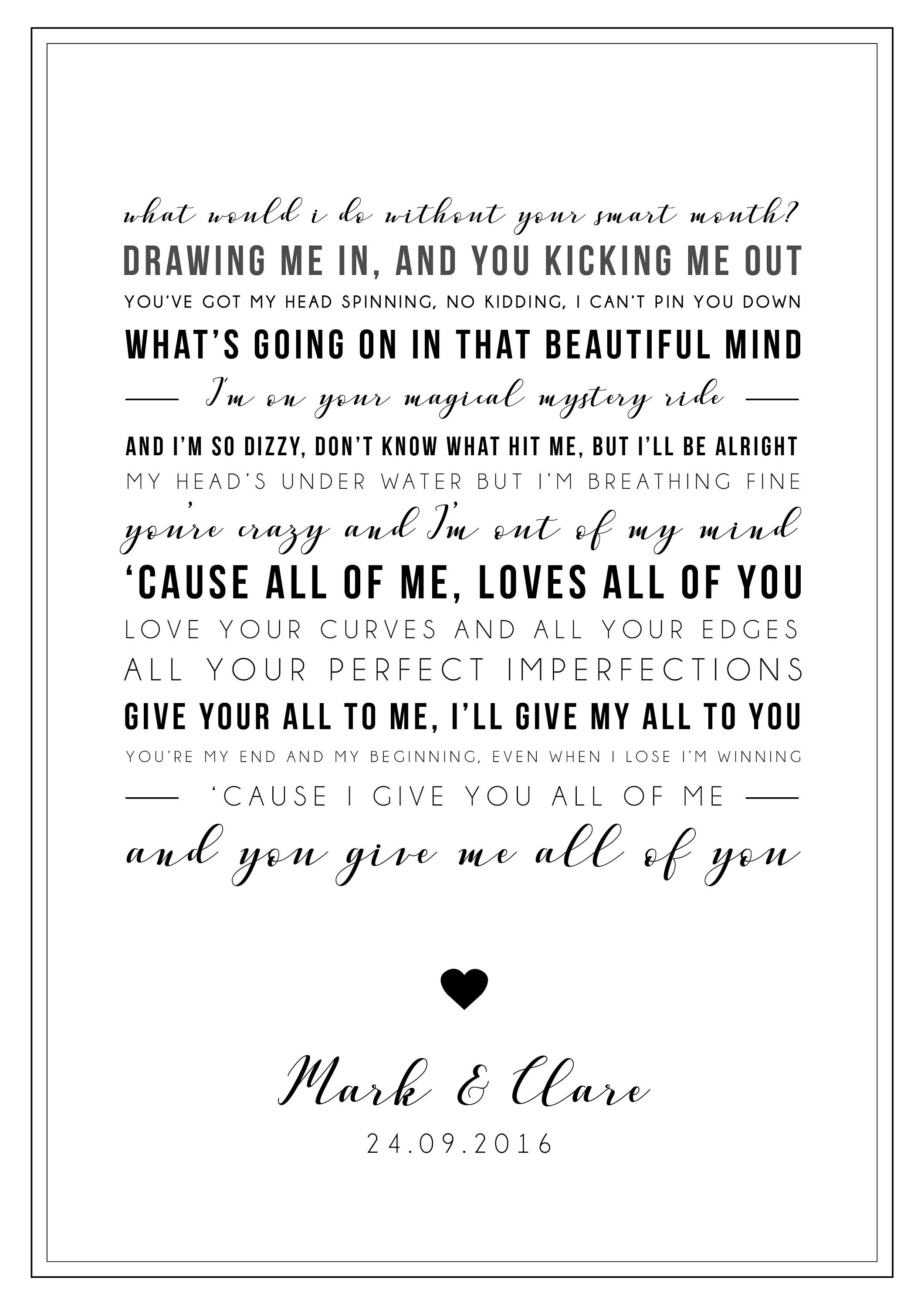 John Legend All Of Me LYRICS print. With your PERSONALISED -  Portugal