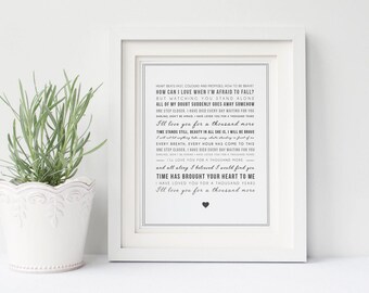 Christina Perri 'A Thousand Years' Song Lyrics Print - Typographic Wall Art, A Thousand Years poster - Valentines gift - Can be personalised