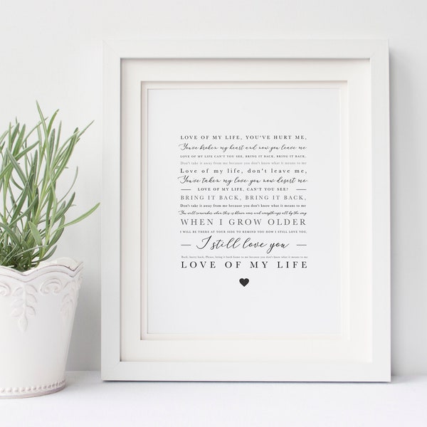 Queen 'Love Of My Life' Freddie Mercury Song Lyric Print - Bohemian Rhapsody - Valentines day Gift - Queen Poster - Freddie Mercury print