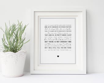 Jack Johnson 'Better Together' Song Lyrics, Typographic Wall Art - Song Lyric Print - Engagement Gift, Valentine's gift, best friend gift