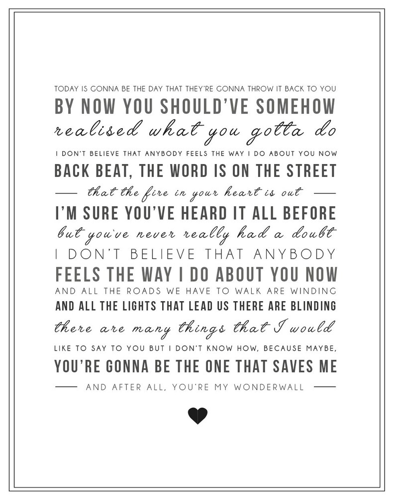 Oasis 'Wonderwall' Song Lyrics Print Typographic Etsy