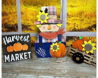 Wood Scarecrow Shelf sitter, hand painted scarecrow autumn theme decor, fall mantle, fall tiered tray decor, Halloween decor, Primitive fall