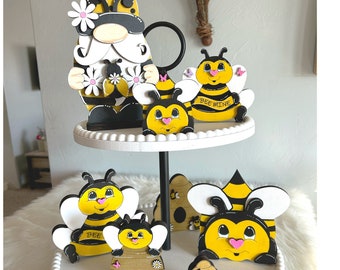 Spring tiered tray, Bumble Bee tiered tray, Bee shelf sitter, Bee decor, Summer tiered tray decor, Garden decor, Wood Bee, Bumble bee tray