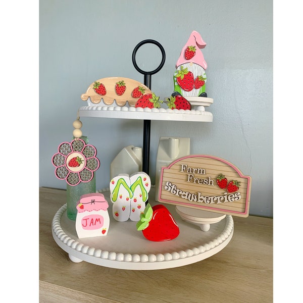 Summer tiered tray decor, strawberry tiered tray bundle, strawberry tier tray decor, spring tray decor, strawberry jam, UPick Strawberries,