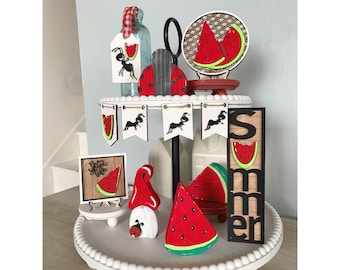 Watermelon tiered tray decor, summer tiered tray, tiered tray, tray fillers, watermelon decor, summer tray signs, wood watermelon decor