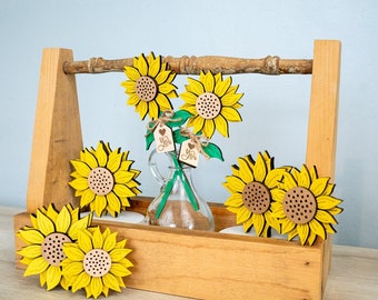 Girasoles, bandeja escalonada con girasoles, girasoles de madera maciza, decoración con girasoles, estante de madera maciza con girasoles, relleno para cuenco con girasoles
