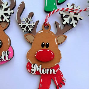 PERSONALIZED reindeer ornament, personalized Reindeer, personalized ornament, Christmas stocking tag, personalized family Christmas Reindeer Red Scart