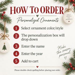 May include: An instructional graphic titled HOW TO ORDER Personalized Ornaments with five numbered steps in red circles. The text outlines selecting a color, entering a name and year, and adding to cart, framed by green pine branches and ornaments.