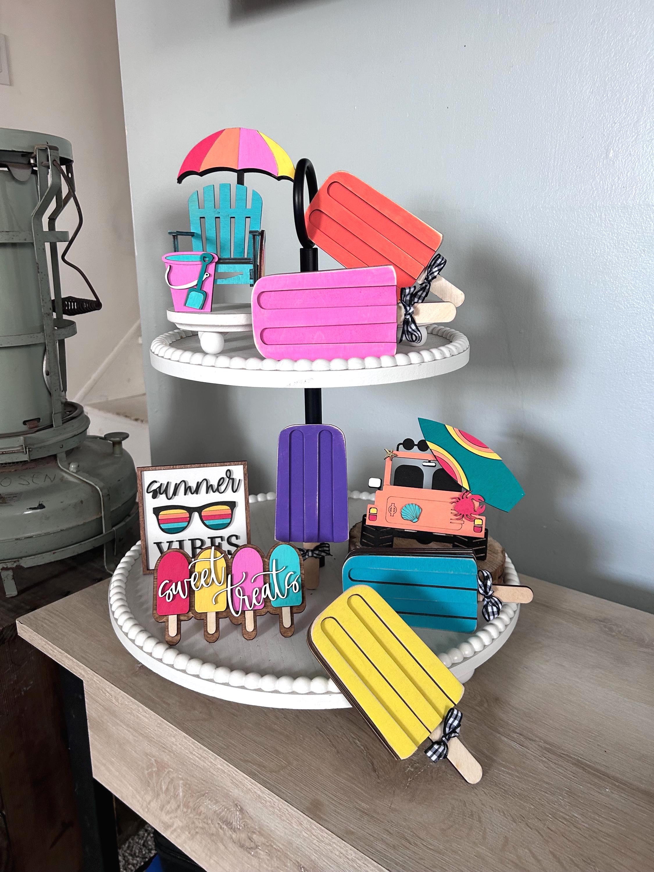 Wooden Popsicle Tiered Tray Decor |summer Tier Tray Decor, Bright