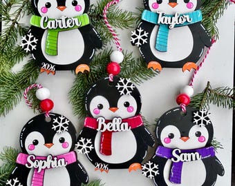 Colorful Penguin Ornament – Personalized Kids Name Tag, Custom Family Christmas Ornament, Hand Painted Wooden Holiday Gift