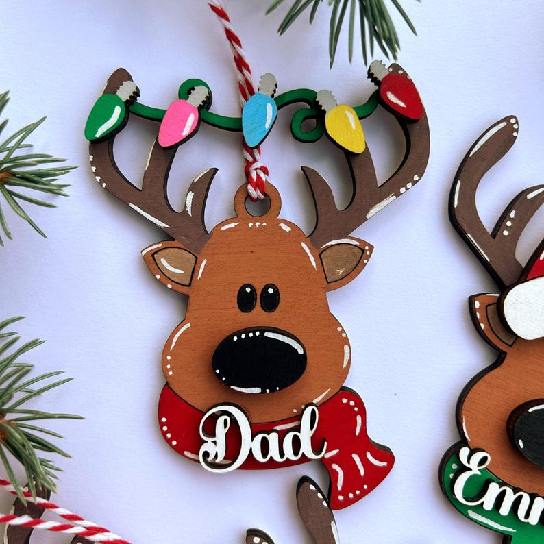PERSONALIZED reindeer ornament, personalized Reindeer, personalized ornament, Christmas stocking tag, personalized family Christmas Reindeer Christmas Lights