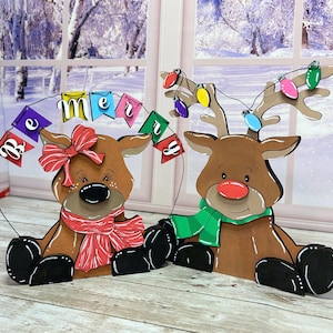 Christmas Reindeer Boy Girl Shelf sitter, Reindeer tiered tray decor, Christmas Reindeer shelf sitter, Christmas wood mantle decor, Rudolph