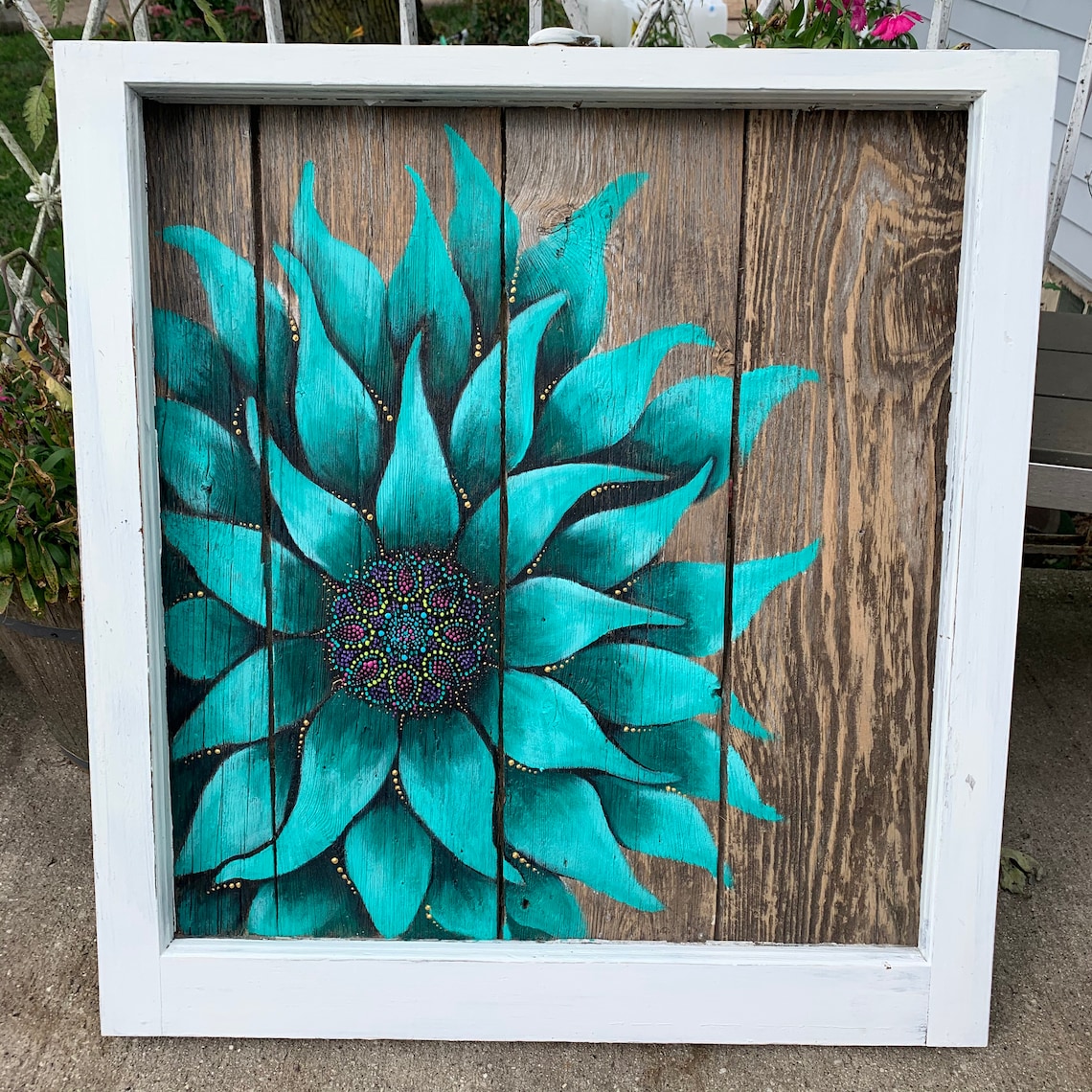 Teal Sunflower Sunflower On Reclaimed Barn Wood Framed In Etsy Teal Sunflower Sunflower On Reclaimed Barn Wood Framed In Etsy