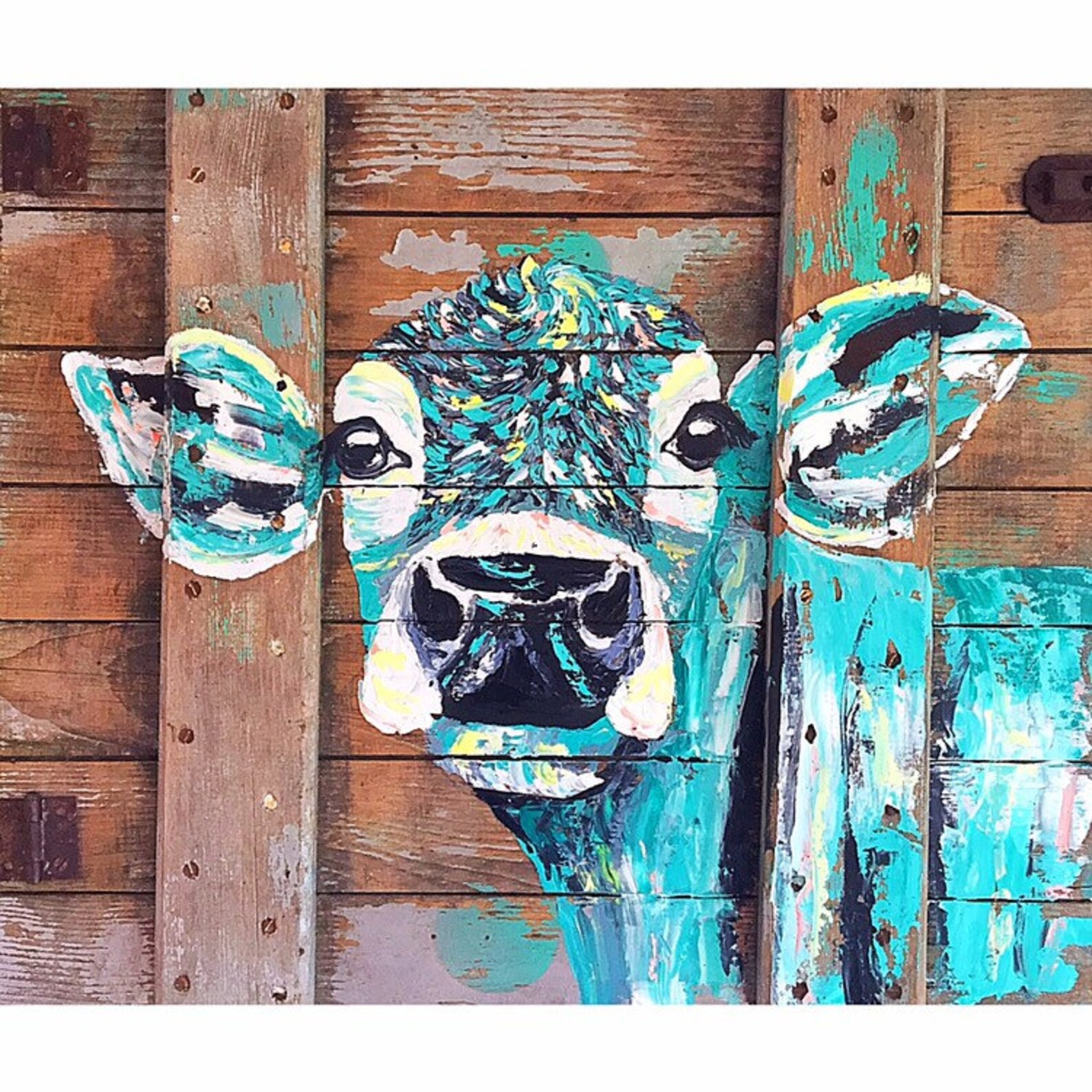 Teal cow on barn wood PRINT cow abstract cow art cow Etsy
