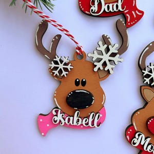 PERSONALIZED reindeer ornament, personalized Reindeer, personalized ornament, Christmas stocking tag, personalized family Christmas Reindeer Pink scarf