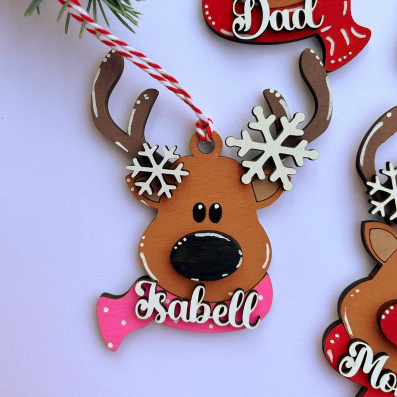 PERSONALIZED reindeer ornament, personalized Reindeer, personalized ornament, Christmas stocking tag, personalized family Christmas Reindeer Pink scarf