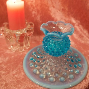 Hobnail Glass Candleholder Blue Opalescent Fenton Blue Vintage