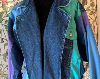 Vintage Jean jacket Jean patchwork overlay together creations Japan brand turquoise purple vintage denim buckles 90s kids Retro streetware