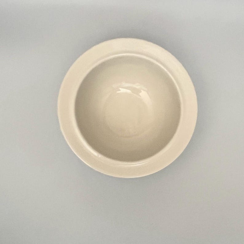 Op de afbeelding: Een cr&egrave;mekleurige keramische kom met een brede rand. De kom heeft een eenvoudig, klassiek ontwerp en lijkt leeg te zijn. De kom is gecentreerd in het frame tegen een lichtgrijze achtergrond.